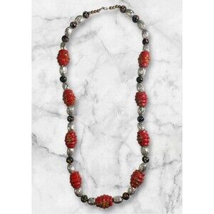 VTG Womens Necklace Red & Black Lucite Beads Silver Tone Spacers Clasp 12”